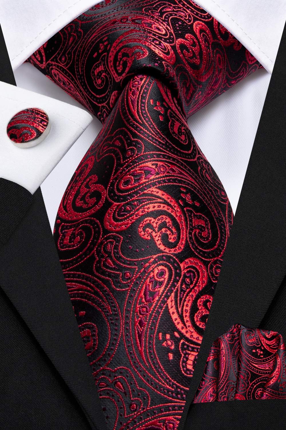 Hi-Tie - Juego de 3 piezas para hombre, incluye corbata, pañuelo de bolsillo, gemelos y pin de solapa, colección de corbata de seda