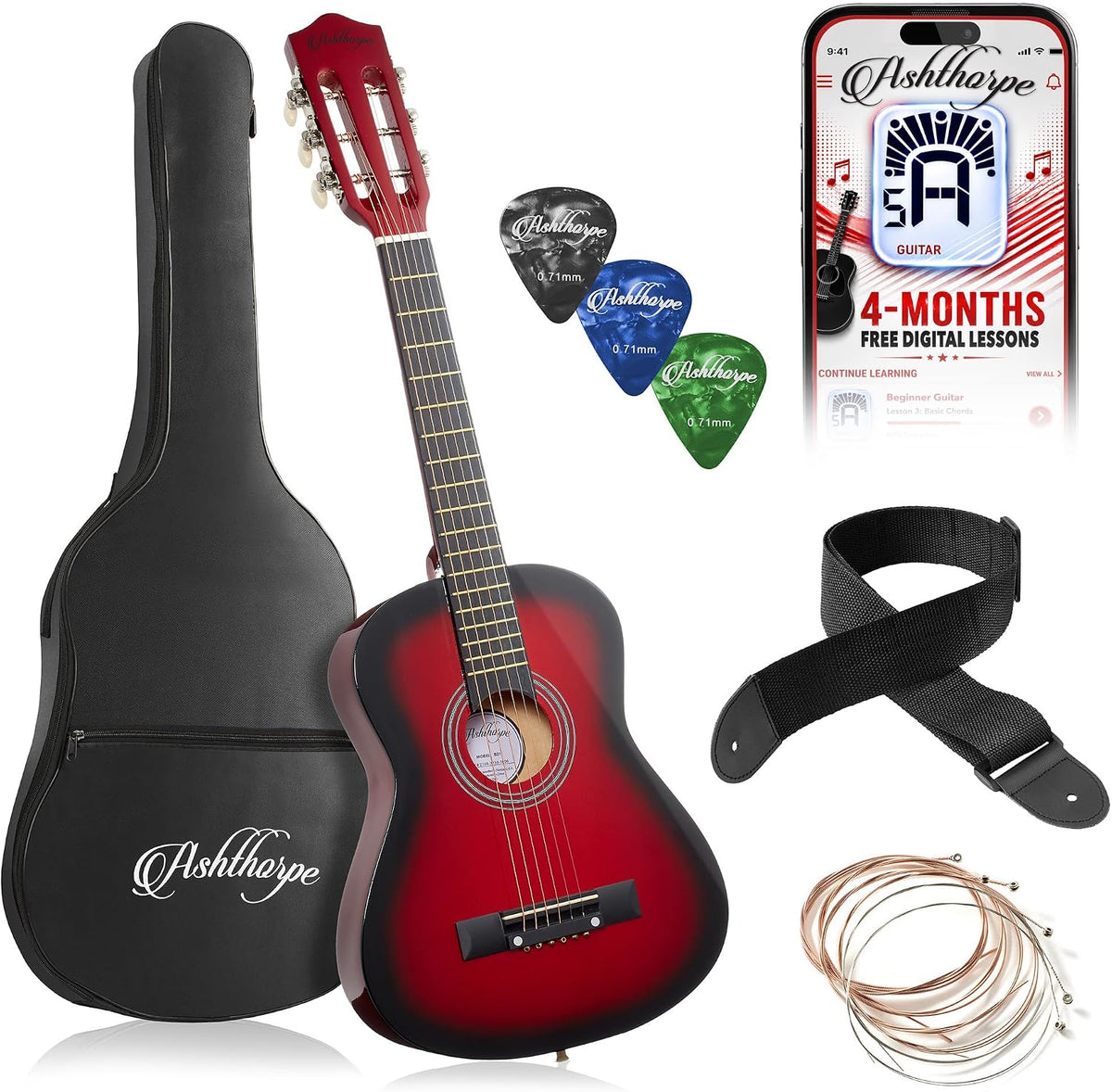 Ashthorpe Guitarra acústica infantil de 30 pulgadas (rojo), kit de inicio para principiantes con bolsa de concierto, cuerdas adicionales, correa, púas y lecciones