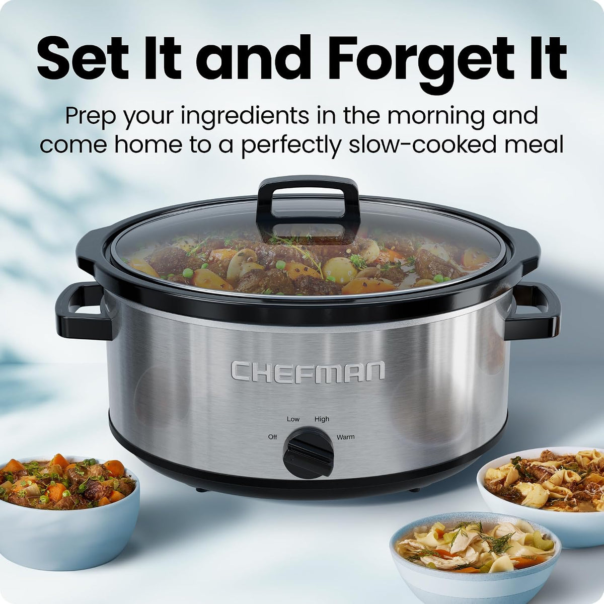 Chefman Olla de cocción lenta de 7 cuartos de galón, tamaño familiar grande con ajustes bajos, altos y cálidos, cerámica extraíble, tapa de vidrio templado, apta para lavavajillas para una fácil