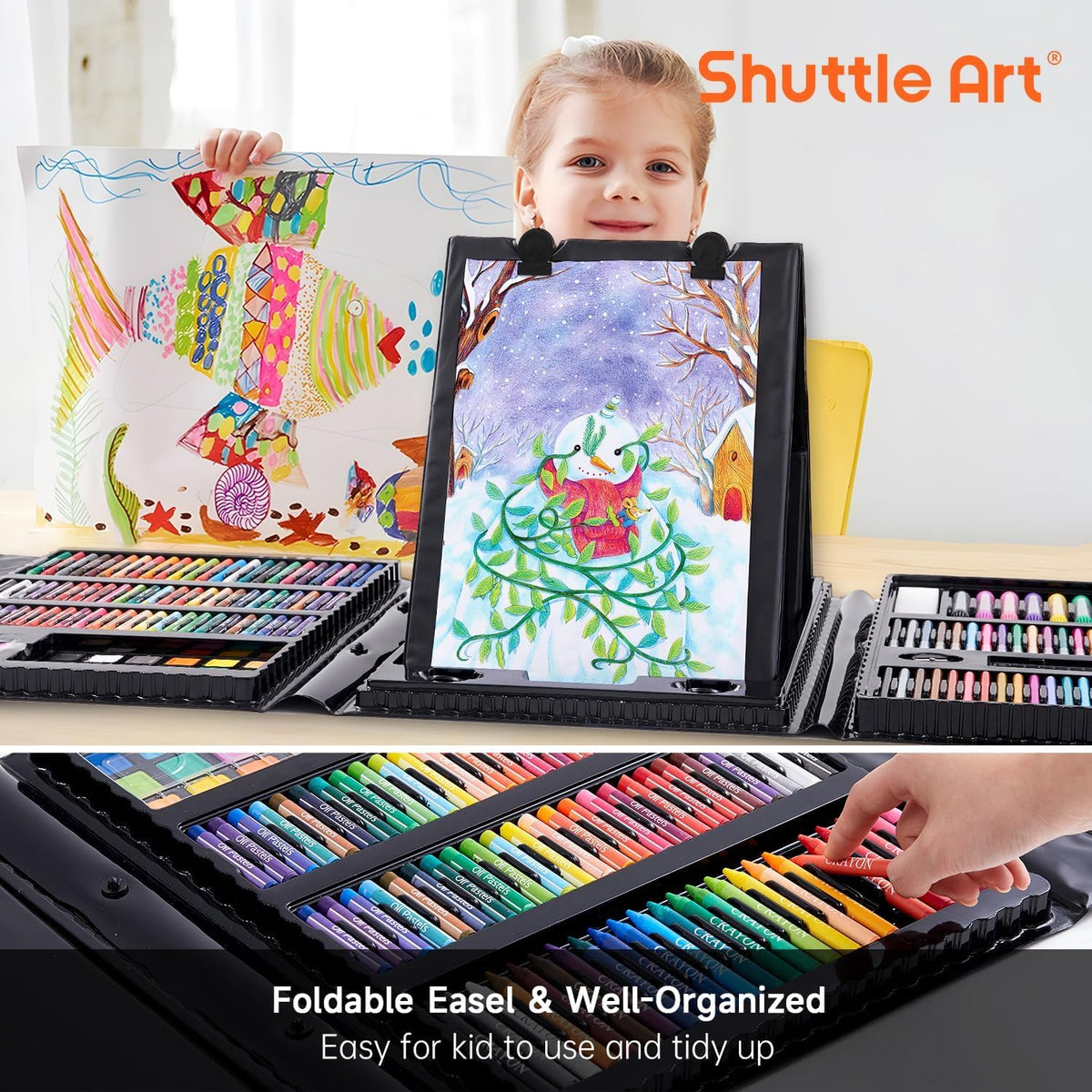 Shuttle Art Juego de arte para niños de 335 piezas, suministros de arte multimedia, kit de arte de regalo con caballete triple, 2 blocs de dibujo, 2 libros para colorear, pasteles al óleo, crayones y