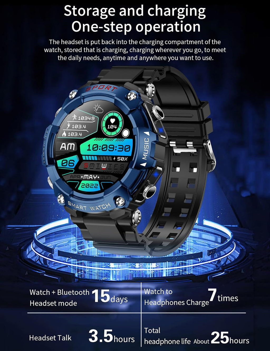 Reloj inteligente con auriculares para hombres, relojes inteligentes para teléfonos Android, llamadas Bluetooth puede responder y hacer llamadas, fitness resistente a los militares, rastreador de fitness deportivo con paso, frecuencia cardíaca