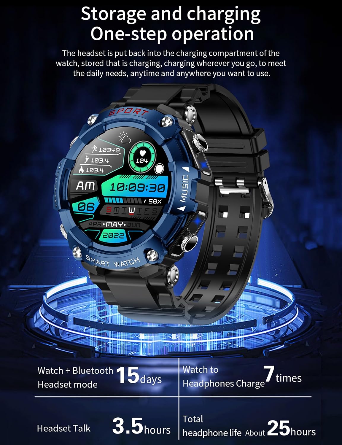 Reloj inteligente con auriculares para hombres, relojes inteligentes para teléfonos Android, llamadas Bluetooth puede responder y hacer llamadas, fitness resistente a los militares, rastreador de fitness deportivo con paso, frecuencia cardíaca
