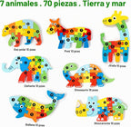 Set de 7 Rompecabezas de Madera para Niños 3-5, Rompecabezas Montessori de Animales