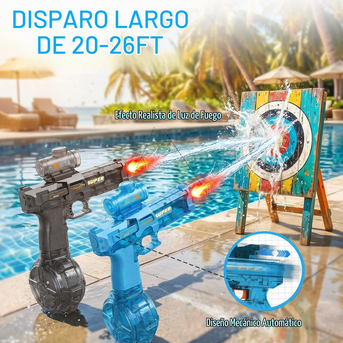 2 pistolas de agua eléctricas automáticas, negro y azul, 26 pies para niños