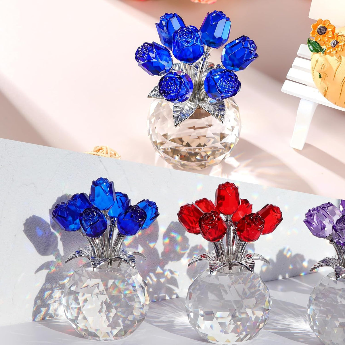 Figura de rosa azul cristal, figura de flor de cristal