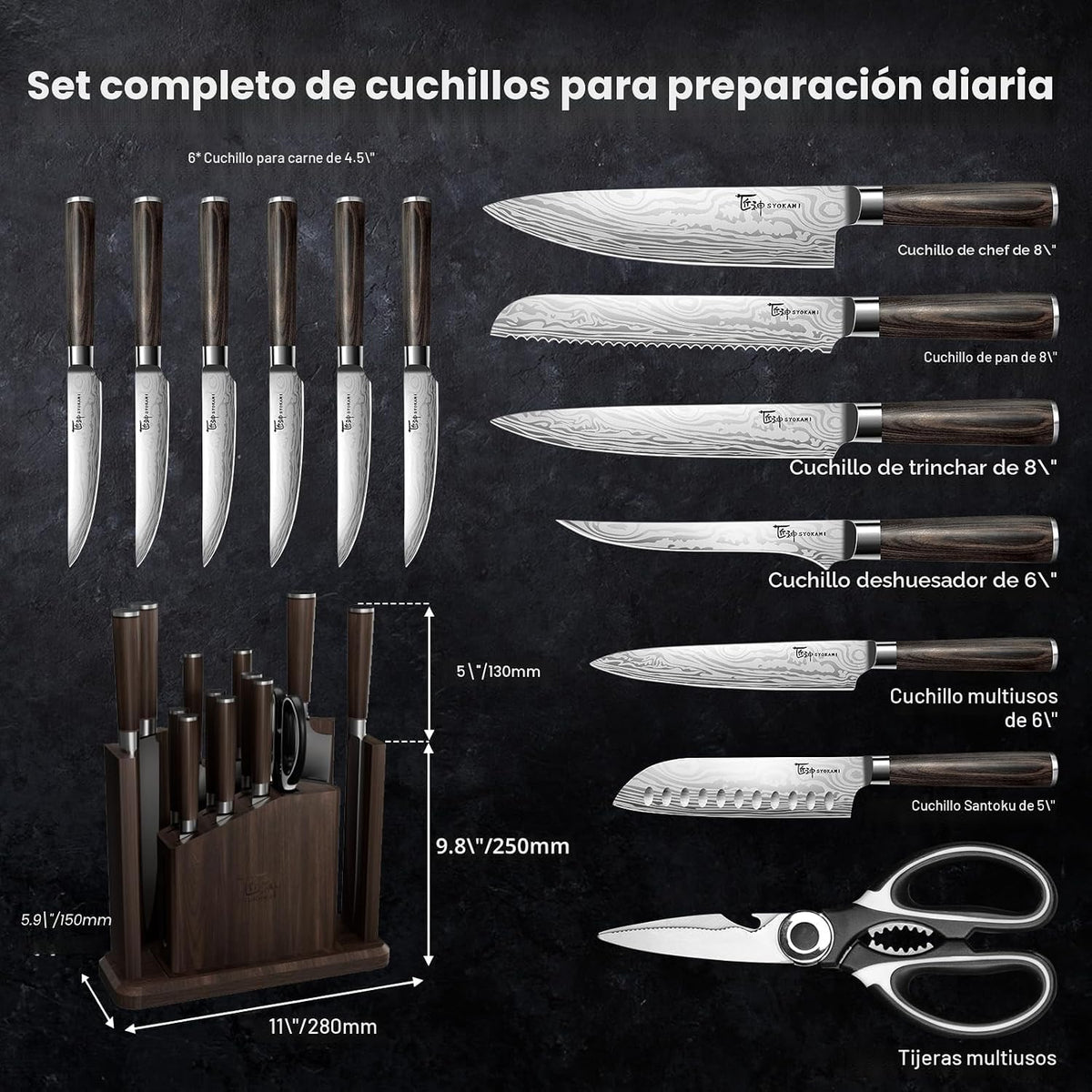 Juego de cuchillos de cocina de 15 piezas con bloque magnético