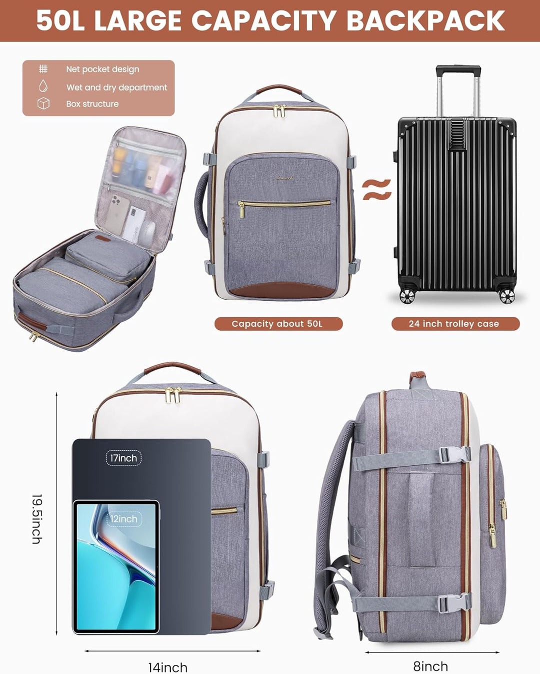 LOVEVOOK Mochila de viaje de 50 litros para mujeres y hombres, equi...