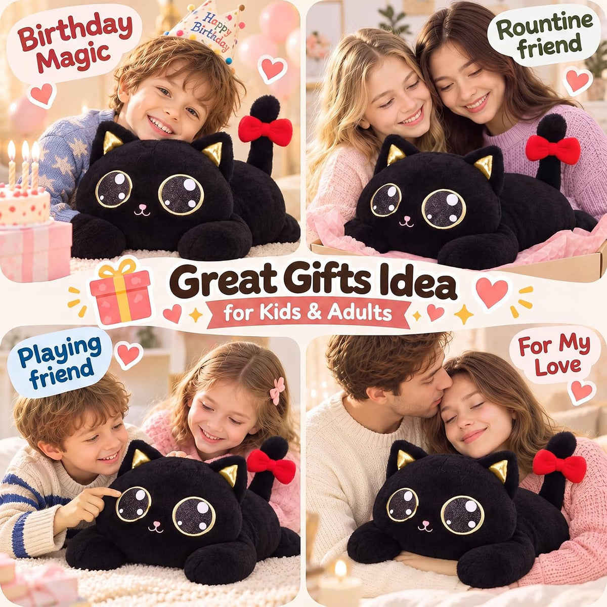 meowtastic Peluches de Gato Negro Pesados, Almohada de felpa para niños