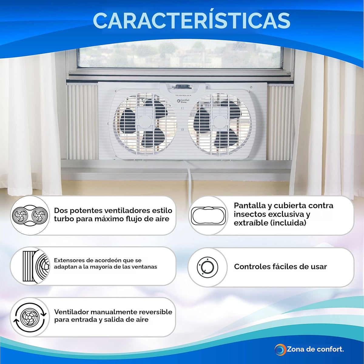 Comfort Zone Ventilador de ventana doble con control de flujo de ai...