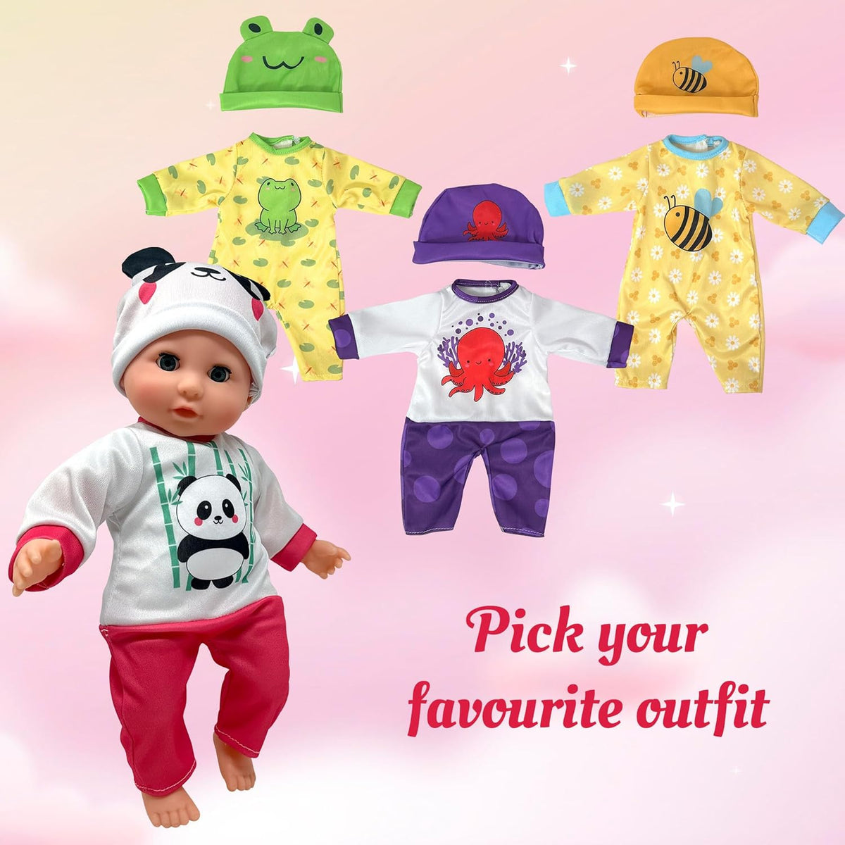 Muñeca de bebé de cuerpo suave con accesorios y 4 juegos de trajes de animales, caucásico