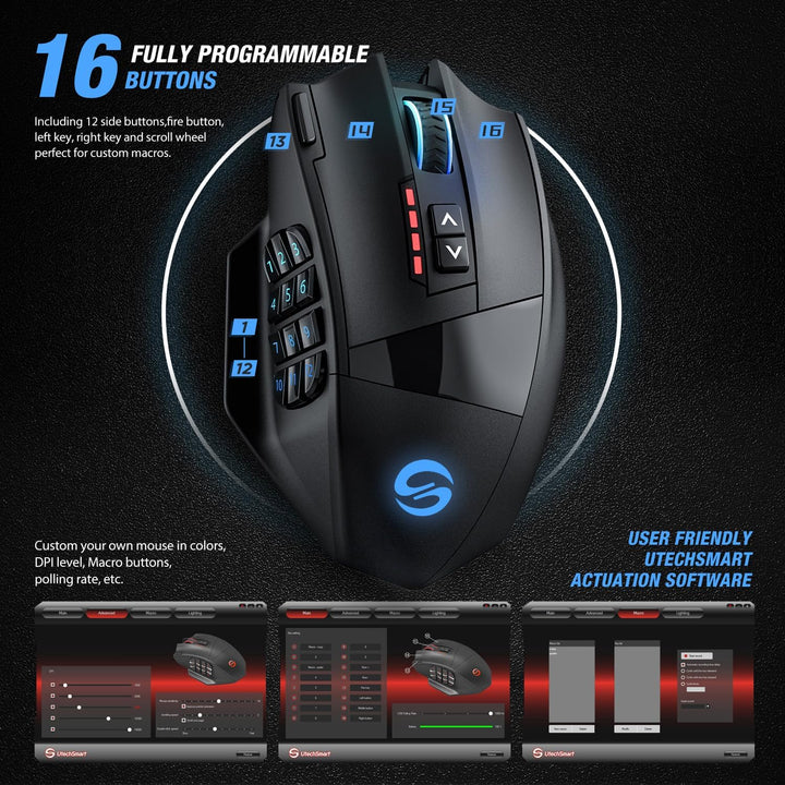 UtechSmart Venus Pro RGB Ratón inalámbrico para juegos MMO, sensor...