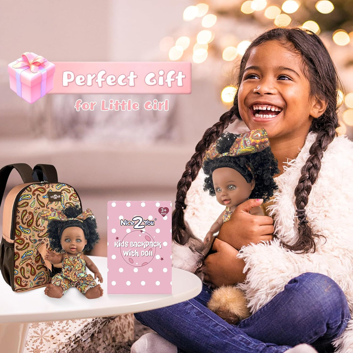 Nice2you Muñeca bebé negra con mochila portadora, muñeca de niña, 10 pulgadas