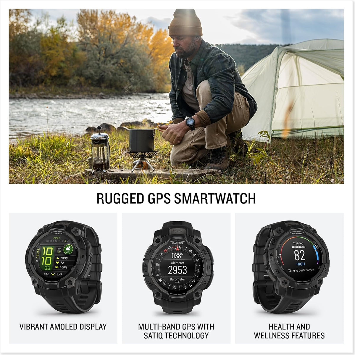 Garmin Instinct® 3 45mm, pantalla AMOLED, reloj inteligente GPS resistente para exteriores, bisel reforzado con metal, linterna incorporada, hasta 18 días de duración de batería, negro