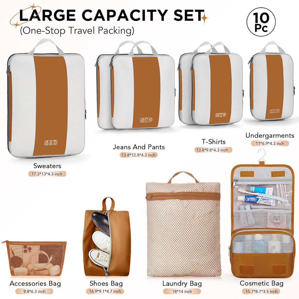 OlarHike 10 Juego de Cubos de Compresión para Viaje, Cubos Expansibles para Ahorro de Espacio para Organizar Ropa, Bolsas para Equipaje y Maleta con Más de 1000 Orificios de Malla (Marrón)