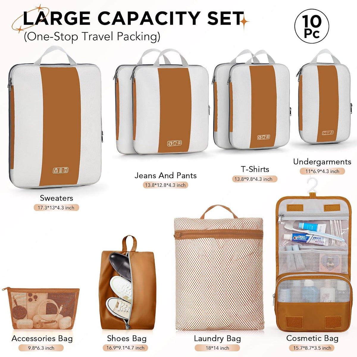 OlarHike 10 Juego de Cubos de Compresión para Viaje, Cubos Expansibles para Ahorro de Espacio para Organizar Ropa, Bolsas para Equipaje y Maleta con Más de 1000 Orificios de Malla (Marrón)