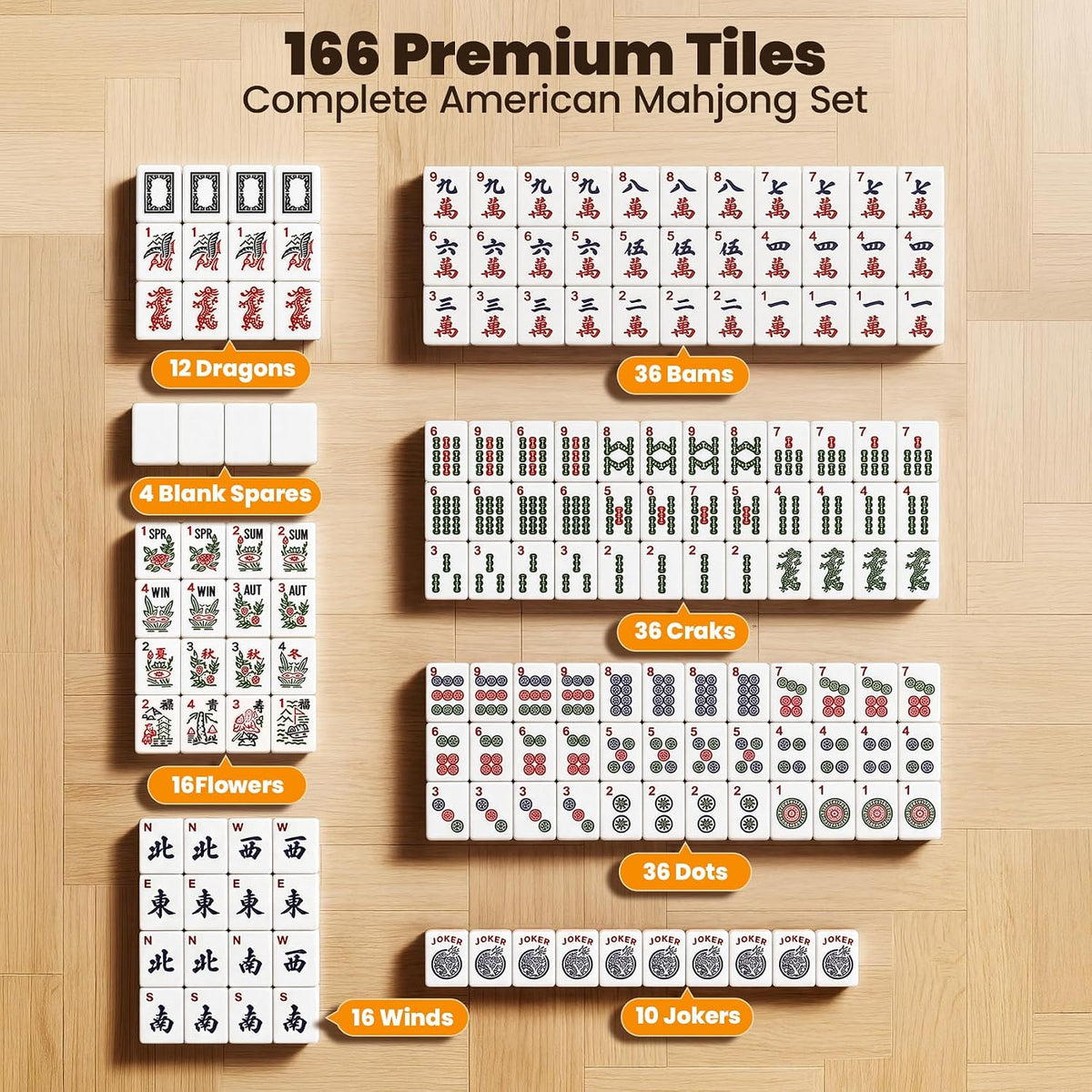 American Mahjong - Juego de azulejos de 166 azulejos con 4 bastidores