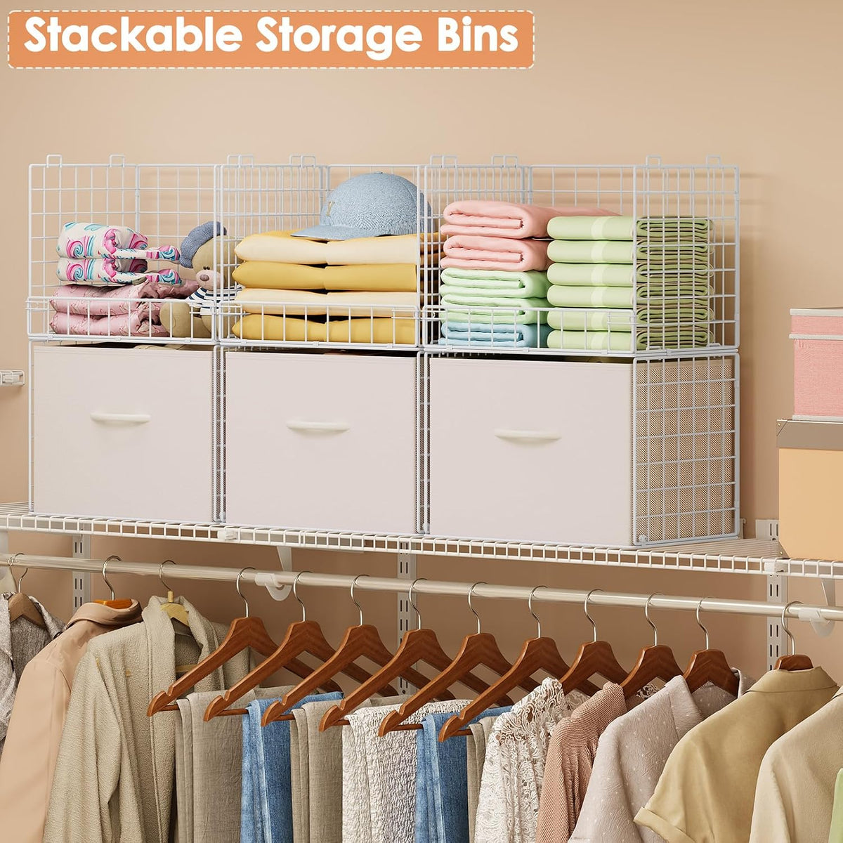 Organizadores de Closet apilables de 4 niveles con 2 cajones, Estante plegable para armario y estantes de almacenamiento, Cajones apilables para sistema organizador de closet, blanco(Patente en trámite)