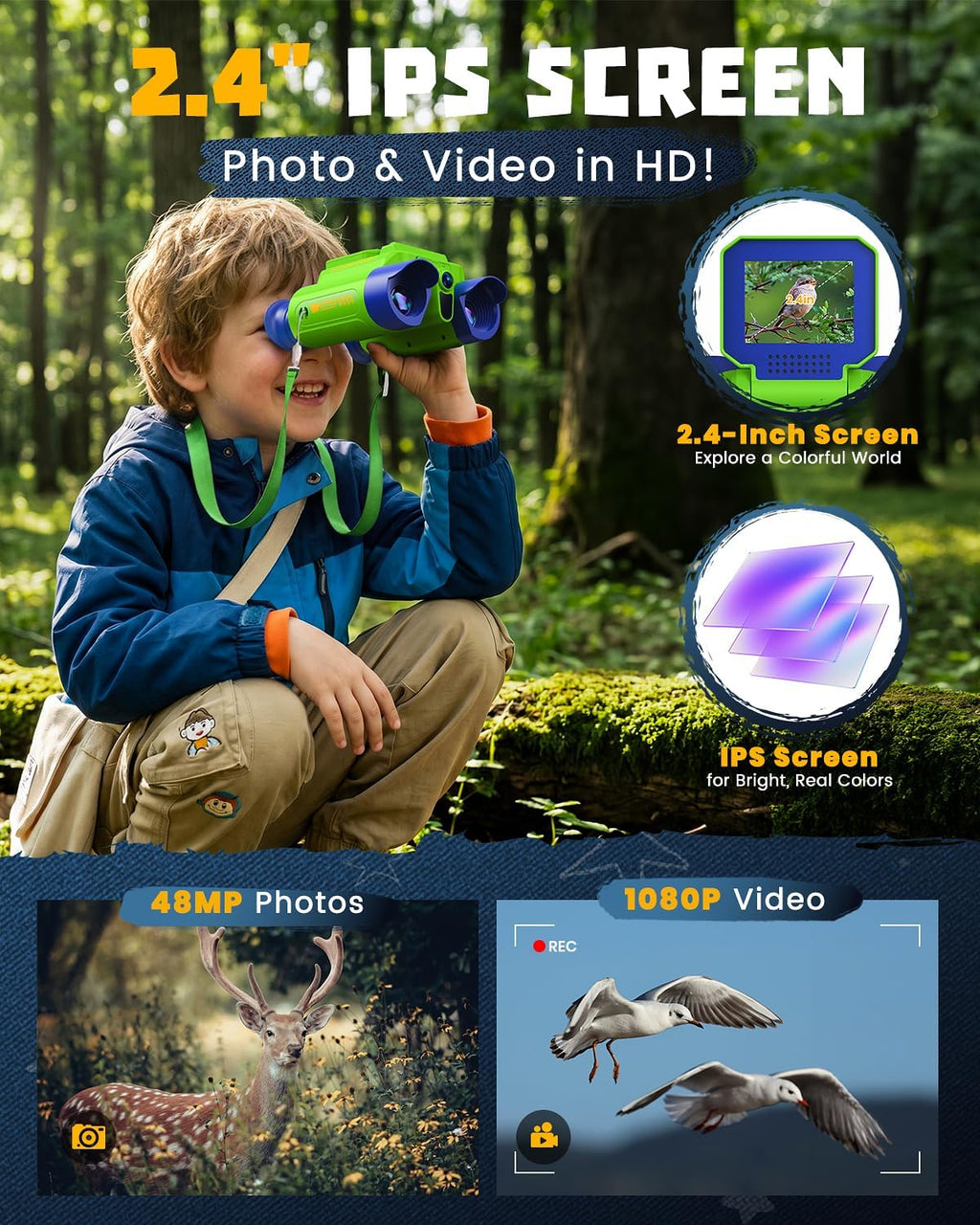 Binoculares para niños con cámara, visión nocturna digital, verde