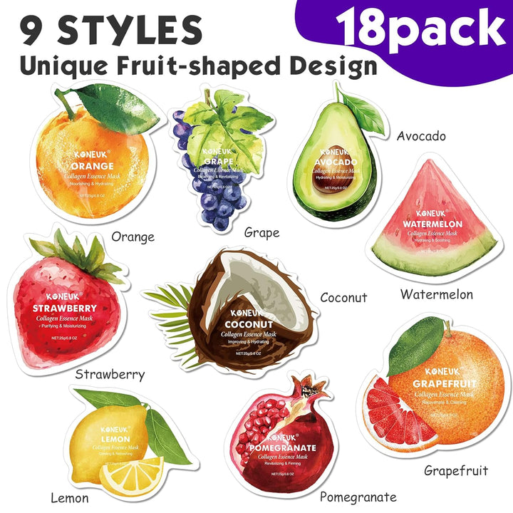 KONEUK Paquete de 18 mascarillas faciales con forma de fruta, cuida...