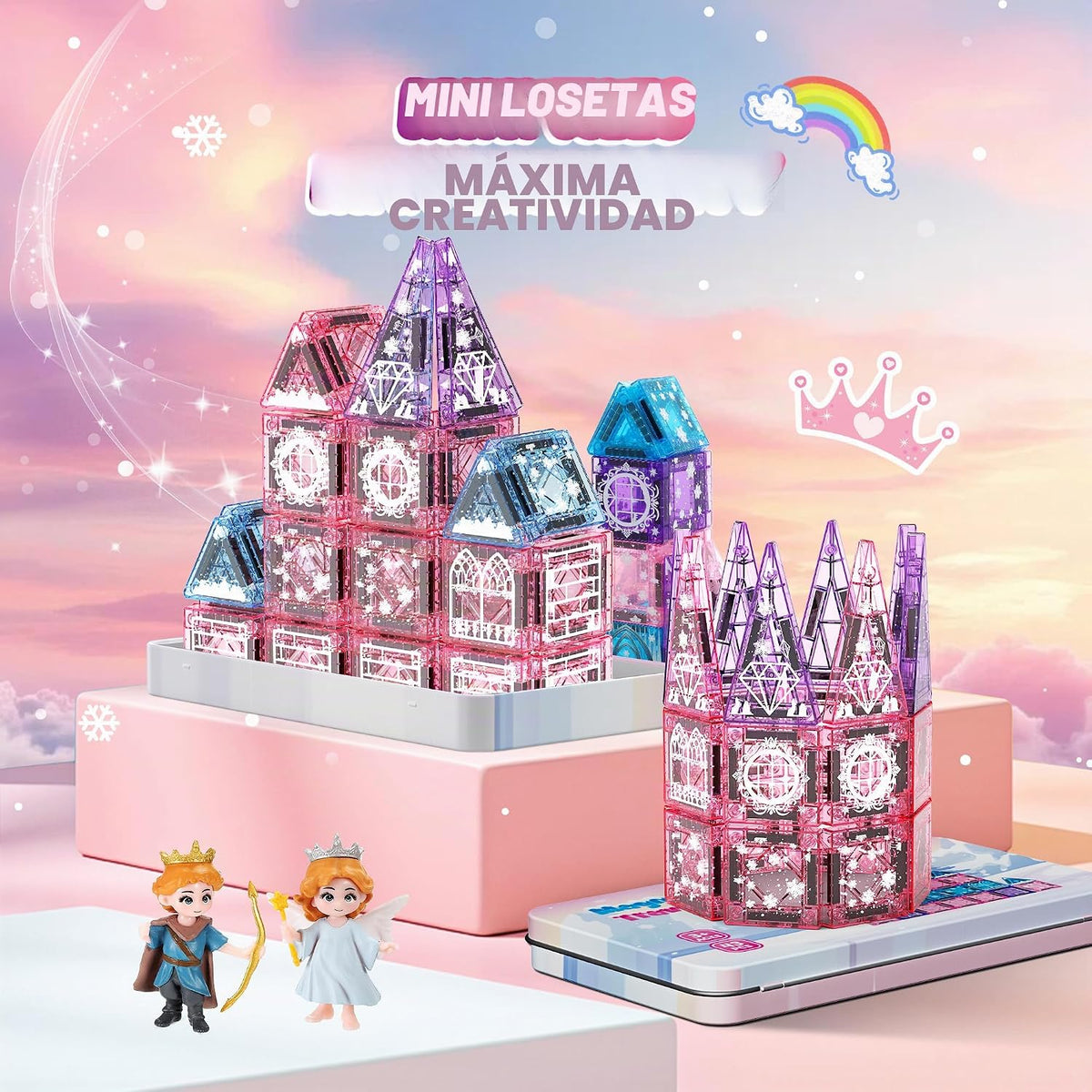 Bloques magnéticos de princesa, castillo de princesa, bloques magnéticos de viaje con caja de metal y 2 muñecas, mini azulejos magnéticos para niñas, juegos de simulación, regalos sensoriales STEM