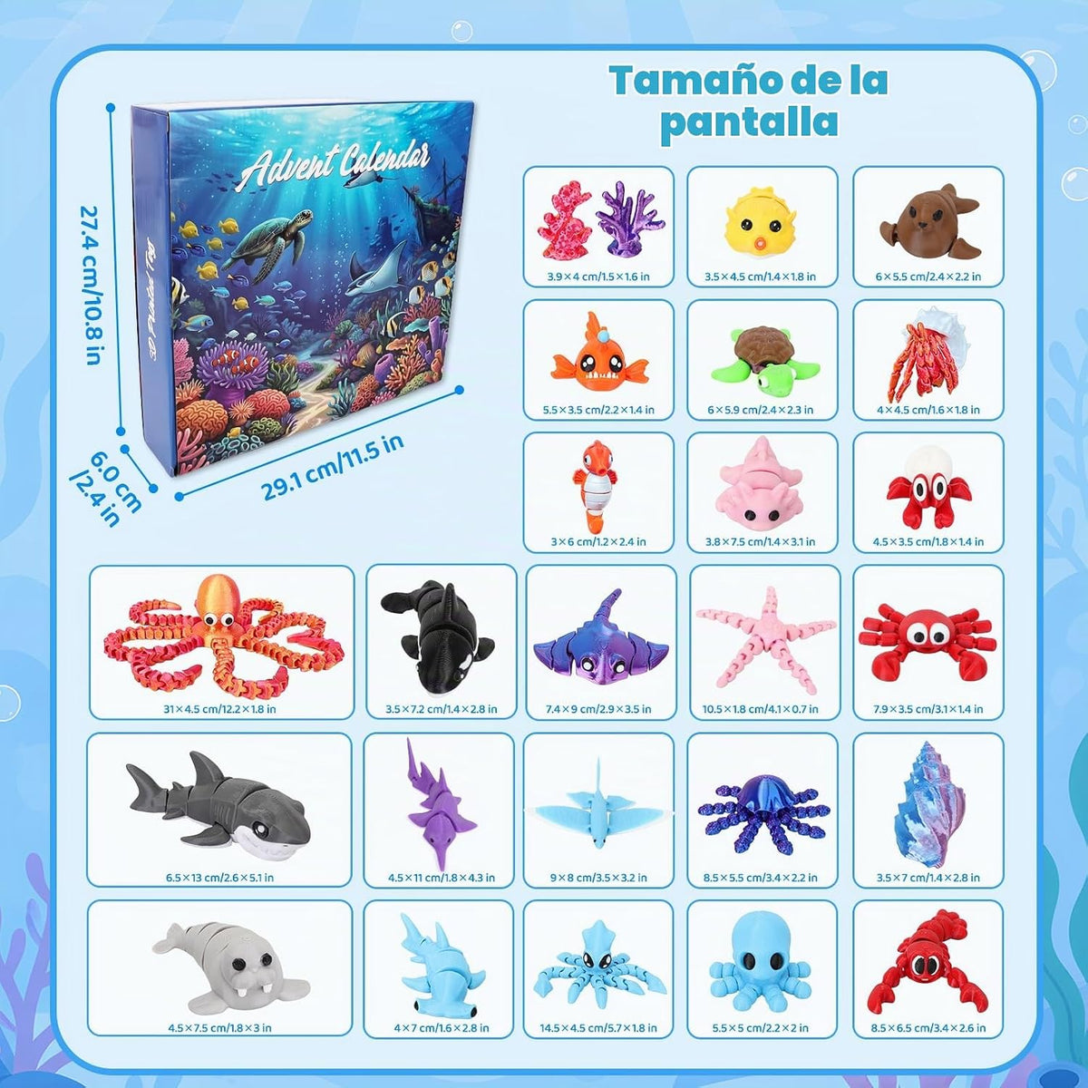 Calendario de Adviento de animales oceánicos impresos en 3D, 24 figuras articuladas de criaturas marinas para ansiedad, cuenta regresiva de Navidad, regalos flexibles para adolescentes y niños