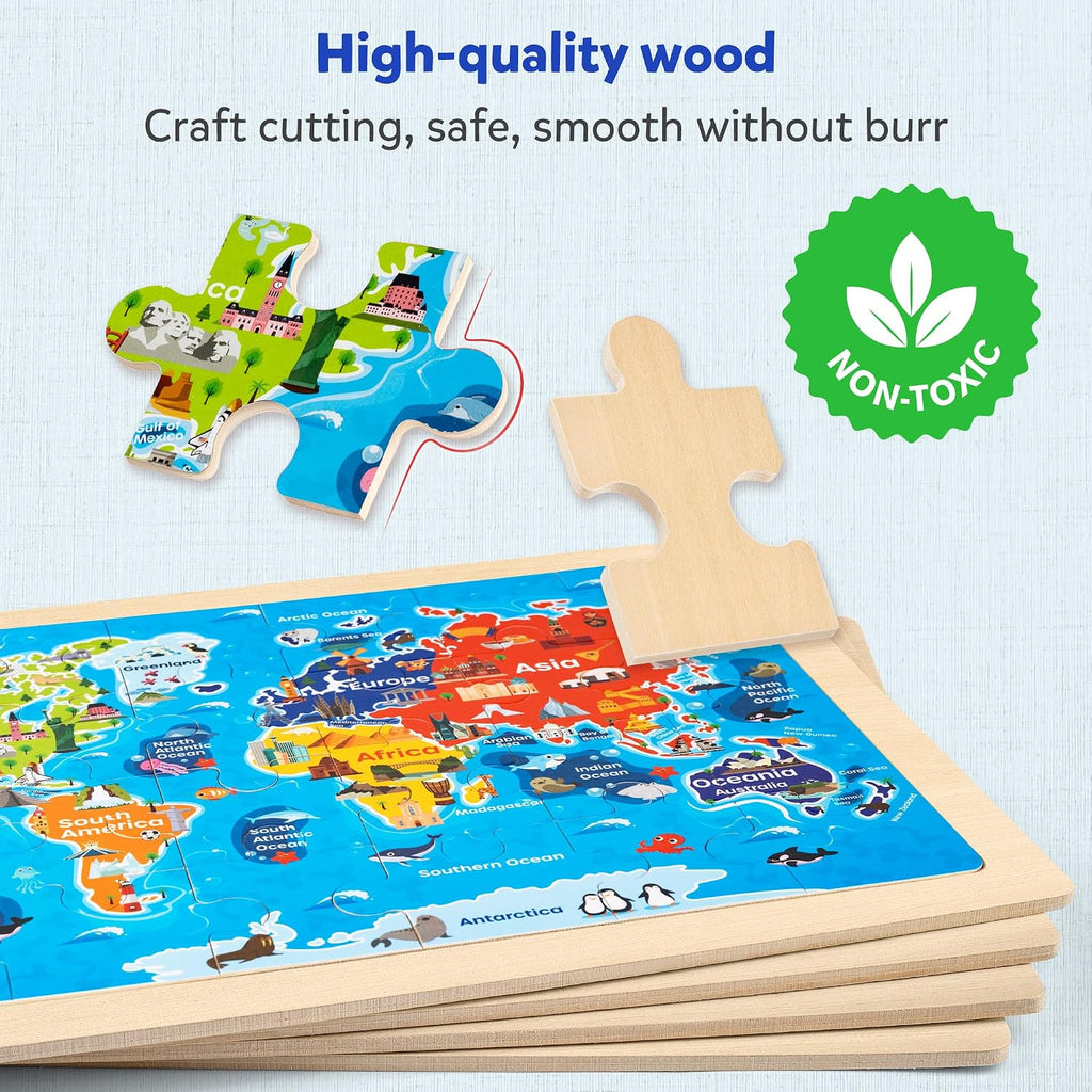 SYNARRY Rompecabezas de madera grandes de EE. UU., mapa del mundo y sistema