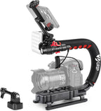 Zeadio Estabilizador de mano de video, kit de agarre de mango de cámara todo en uno con luz de video LED regulable, micrófono, soporte para teléfono, adaptador de cámara de acción para cine, vlogging, YouTube, TikTok, etc