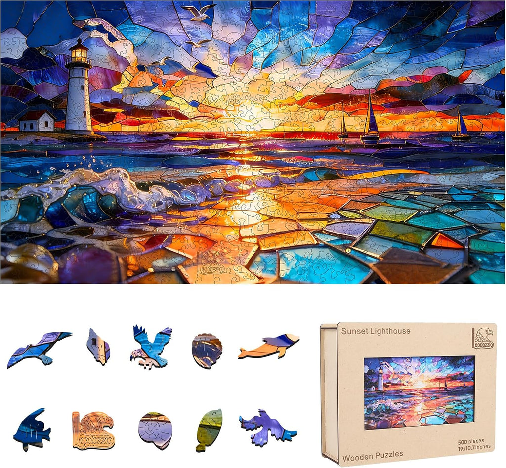 Rompecabezas de madera de 500 piezas con diseño de faro al atardecer, rompecabezas de madera de océano con forma única de 0.197 in de grosor para adultos, regalo de arte náutico, juego