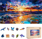 Rompecabezas de madera de 500 piezas con diseño de faro al atardecer, rompecabezas de madera de océano con forma única de 0.197 in de grosor para adultos, regalo de arte náutico, juego
