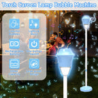 Máquina de burbujas para niños, máquina automática de hacer burbujas de pie, altura ajustable hasta 47 pulgadas, máquina de burbujas con batería para exteriores con luz/música para regalos de