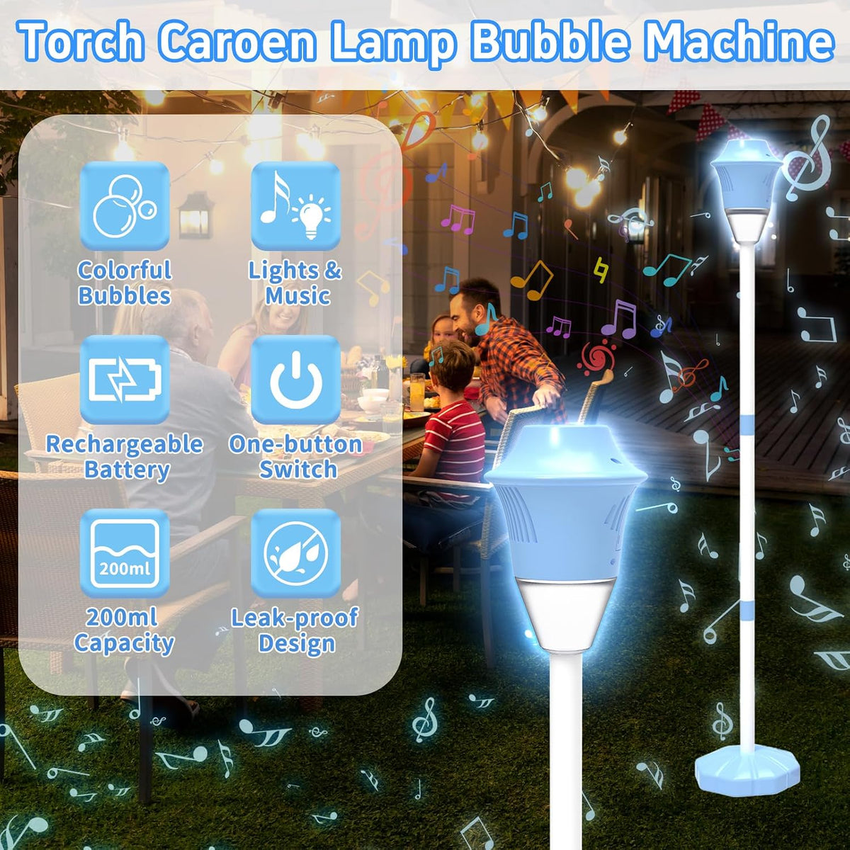Máquina de burbujas para niños, máquina automática de hacer burbujas de pie, altura ajustable hasta 47 pulgadas, máquina de burbujas con batería para exteriores con luz/música para regalos de