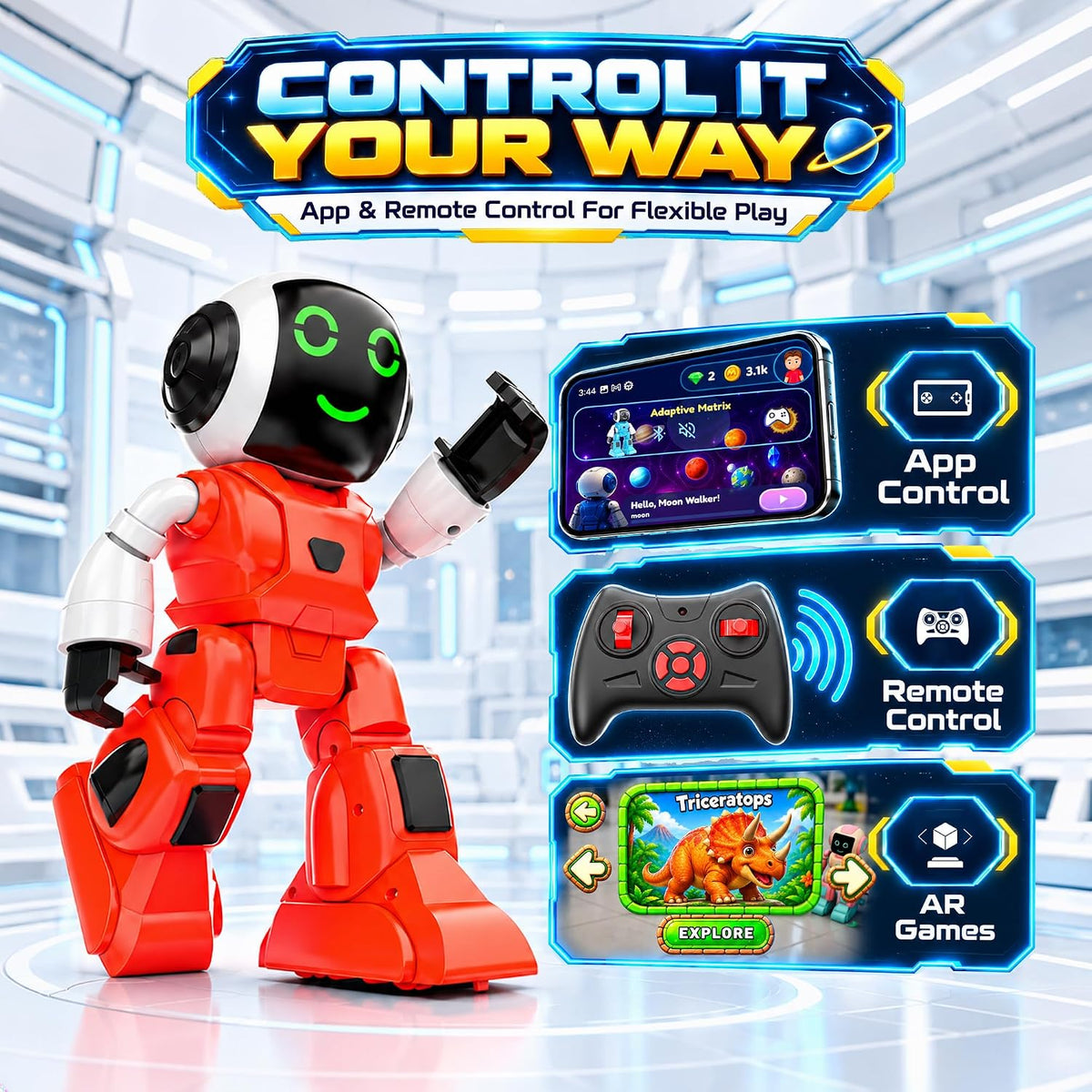 Mirana Moonwalker | Robot inteligente interactivo para caminar y hablar | Juguete controlado por aplicación y control remoto para niños | USB recargable tipo C | Altavoz Bluetooth integrado | Regalo para niños y niñas mayores de 3 años
