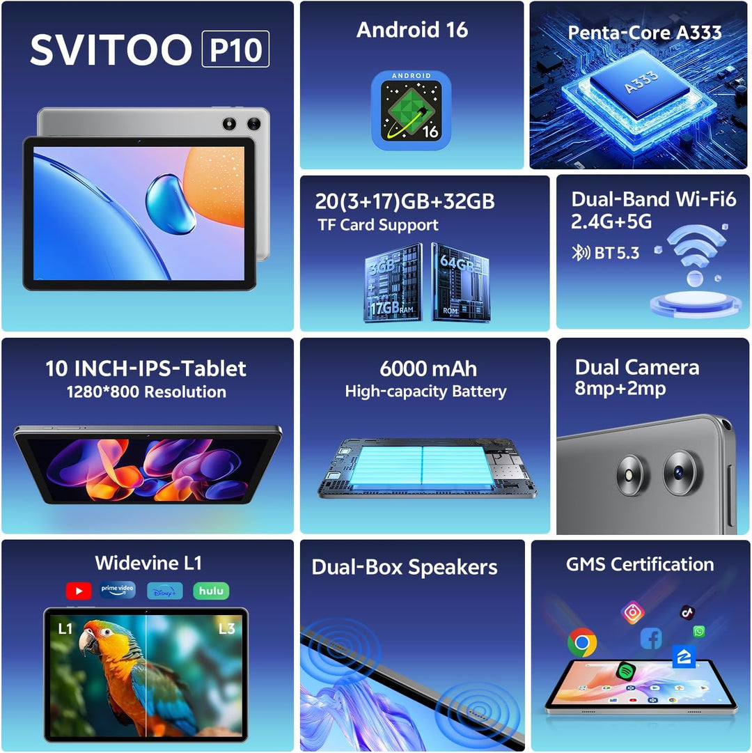 SVITOO Tablet Android de 10 pulgadas, tableta Android 16 para niños...