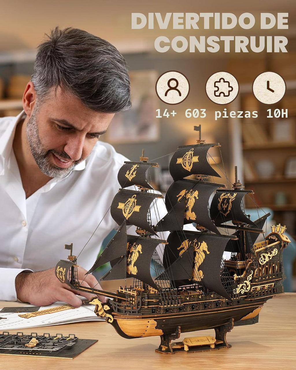 ROKR Seahorse Barque - Rompecabezas de madera 3D para adultos, kit de modelo de velero, ensamblaje de 603 piezas, velero a escala 1:100 MCB02