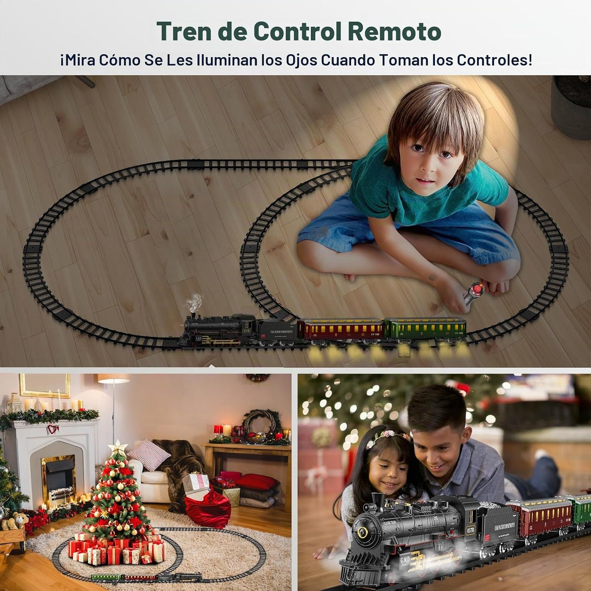 Juegos de tren eléctrico con control remoto para niños, juguetes de tren de Navidad, locomotora de vapor con 3 humos, vagones de pasajeros brillantes, pistas de lujo, luz y sonidos, regalos de cumpleaños para niños y niñas