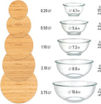 Juego apilable de 5 cuencos de vidrio anidados para ahorrar espacio con tapas de bambú para preparación de alimentos, almacenamiento, horneado, mezcla y cocina, aptos para microondas y horno