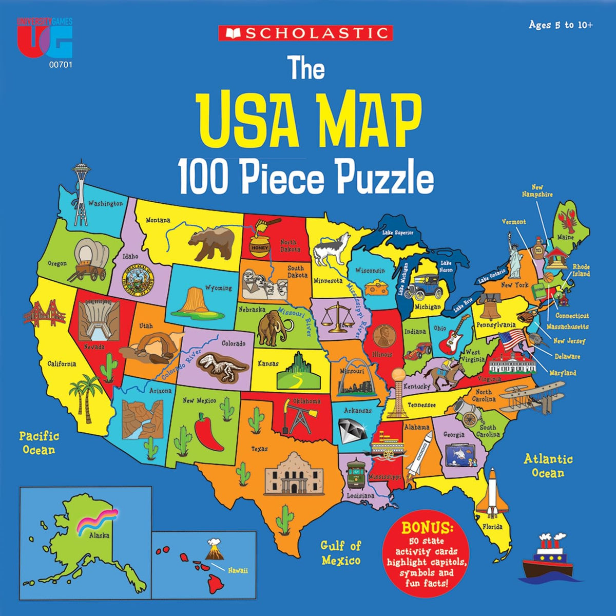 University Games, Scholastic Race Across the USA Juego de Mesa, Juego de Aprendizaje de Geografía para Niños y Familias, para 2 a 4 Jugadores a partir de 8 Años en Adelante