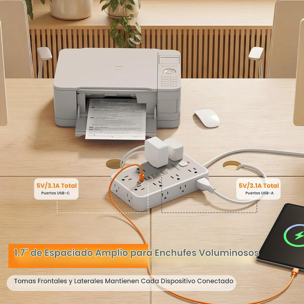 Regleta de protección contra sobretensiones de 6 pies con 6 USB
