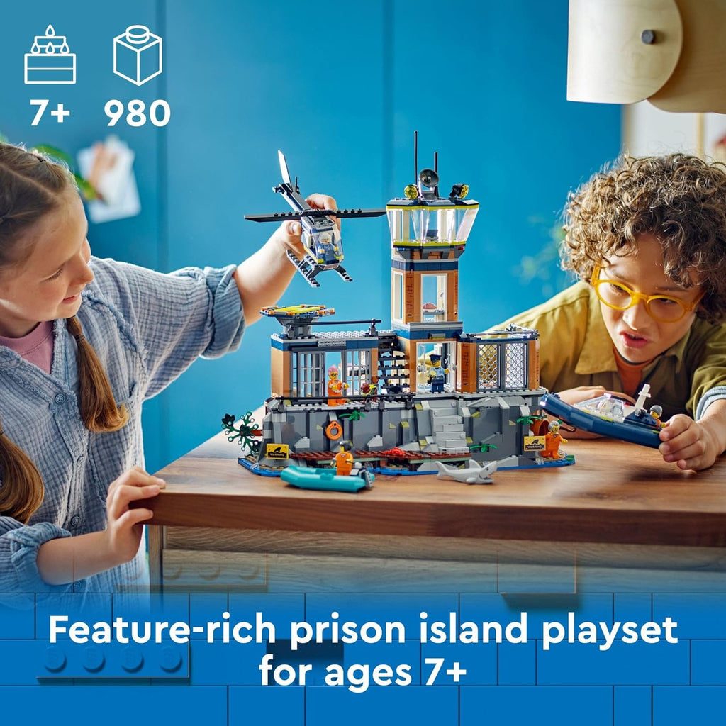 LEGO City Police - Juego de construcción de prisión isla, regalo de cumpleaños para niños y niñas a partir de 7 años, juego imaginativo, juguete de helicóptero, juguete de barco y bote, 7 minifiguras con perro y tiburón, 60419