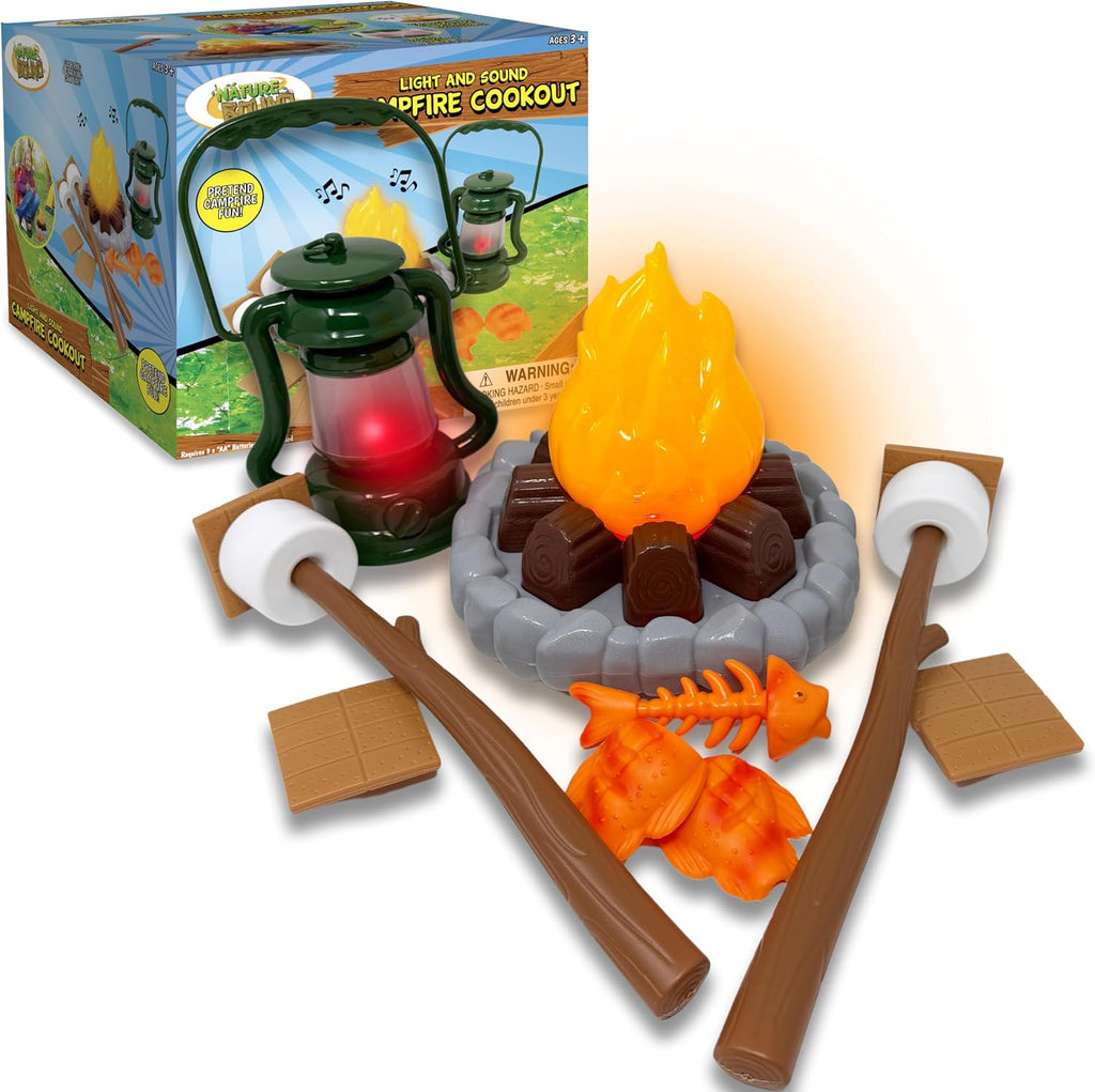 Nature Bound Kids Camping Playset - Juego de camping para niños con fogata iluminada - Set de juguete para aventuras en interiores y exteriores - Finge hacer s'mores, linterna y accesorios de camping (Caja de regalo)