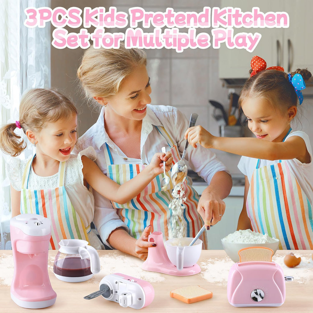 Juguetes de electrodomésticos de cocina, juego de accesorios de cocina para niños, juguetes de cocina de simulación para niños de 4 a 8 años, cafetera, mezcladora, tostador con luces y sonidos