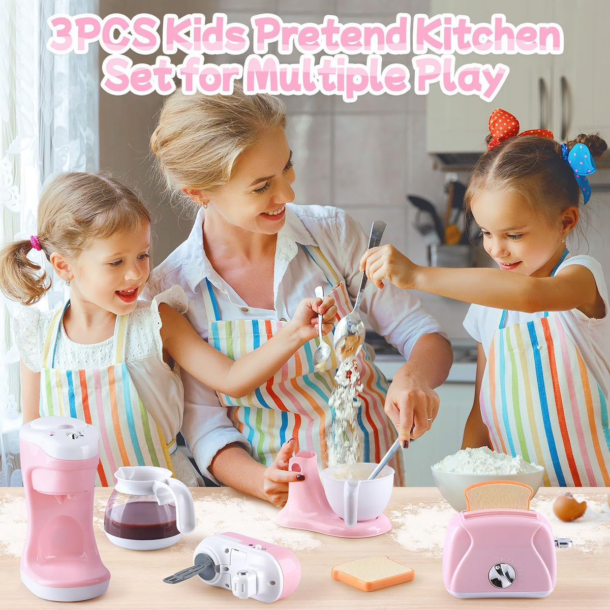 Juguetes de electrodomésticos de cocina, juego de accesorios de cocina para niños, juguetes de cocina de simulación para niños de 4 a 8 años, cafetera, mezcladora, tostador con luces y sonidos