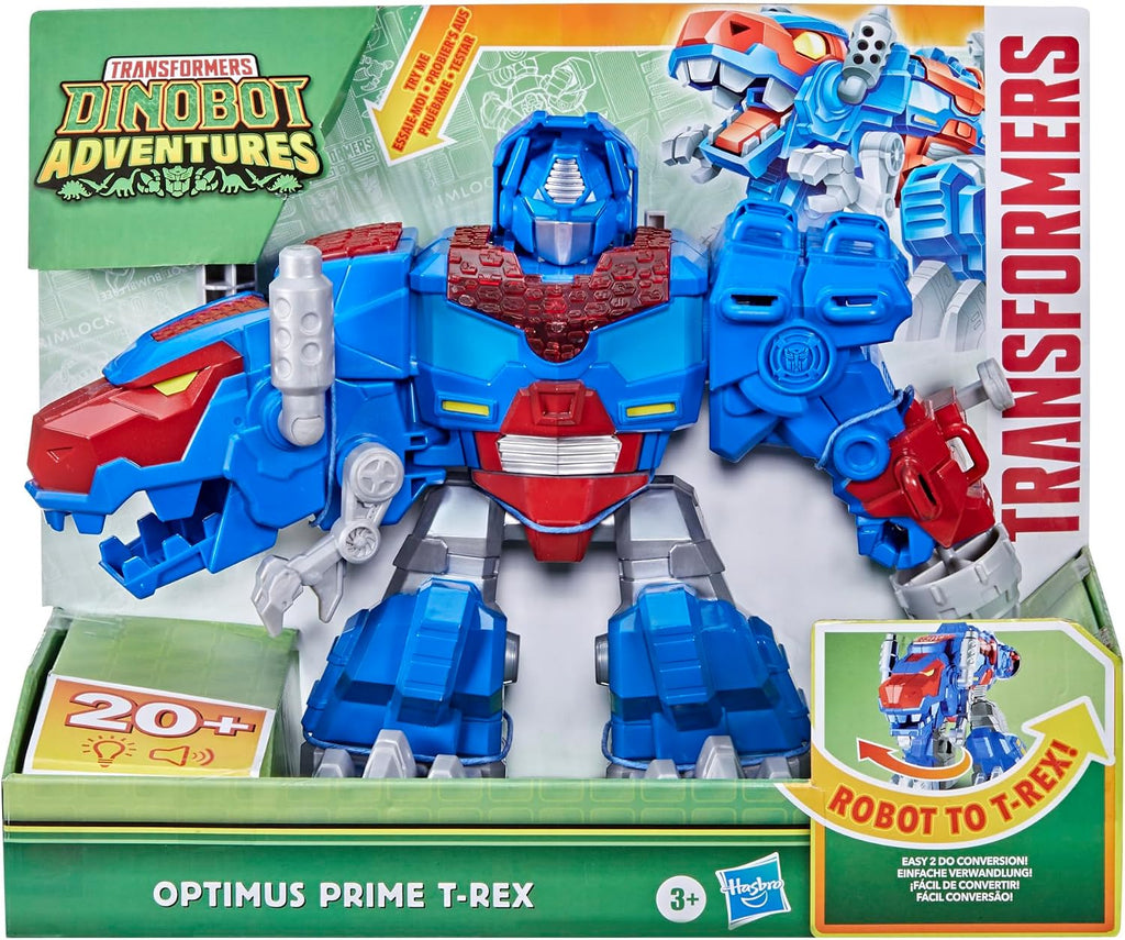 Transformers Dinobot Adventures Optimus Prime T-Rex - Juguete de conversión con luces y sonidos, figura de acción de 9+ pulgadas, a partir de 3 años (exclusivo de Amazon)