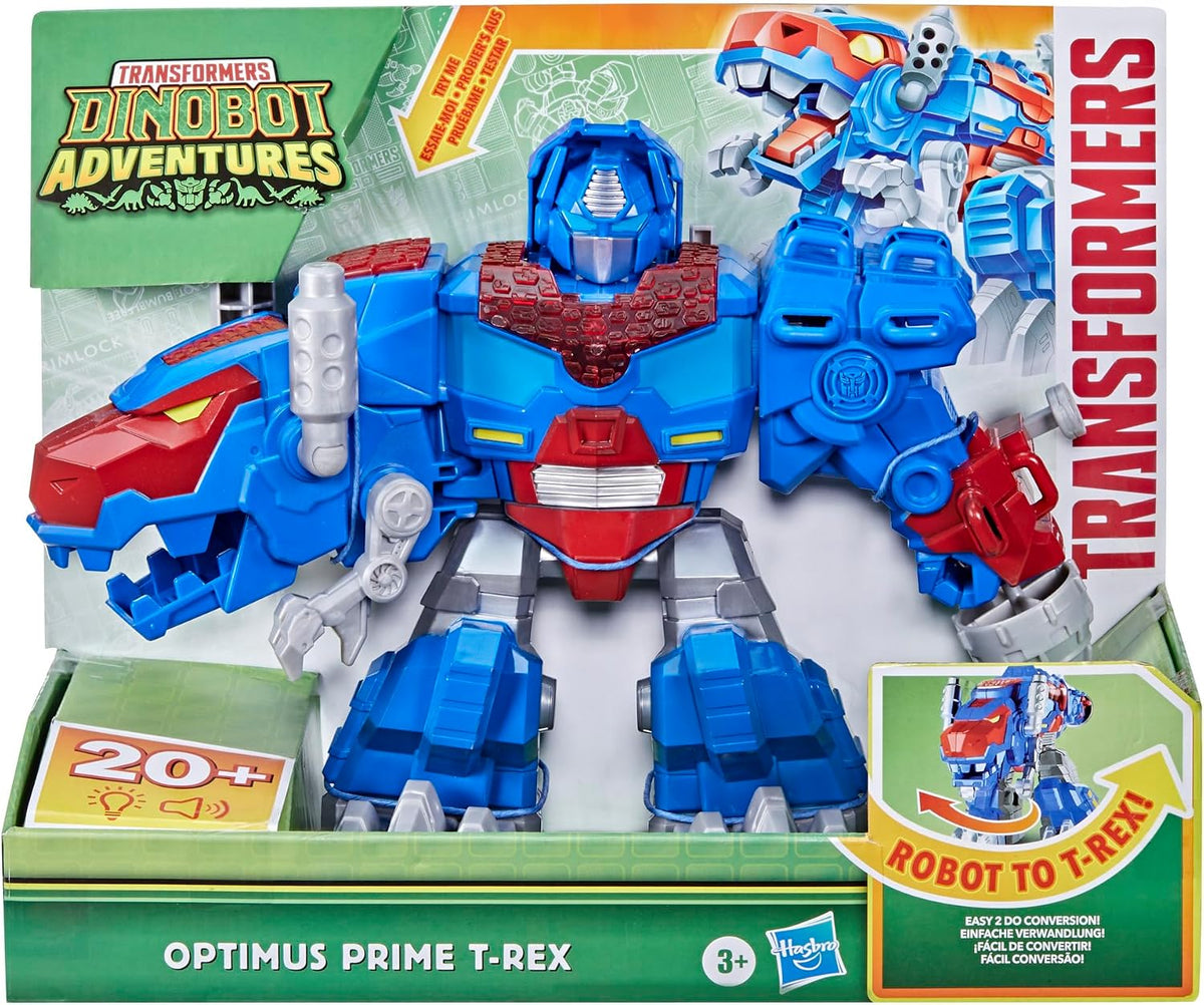 Transformers Dinobot Adventures Optimus Prime T-Rex - Juguete de conversión con luces y sonidos, figura de acción de 9+ pulgadas, a partir de 3 años (exclusivo de Amazon)