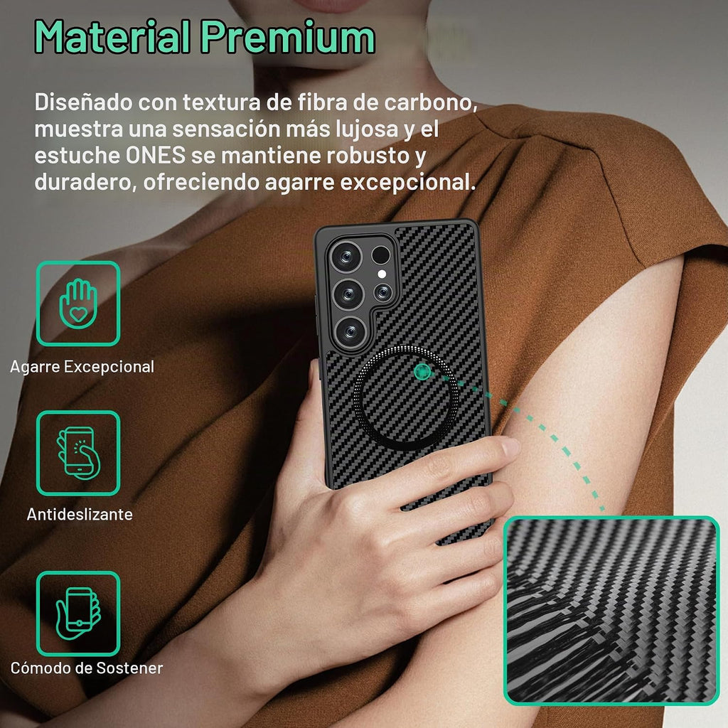 ONES Funda magnética para Galaxy S25 Ultra, [compatible con MagSafe] [protección contra caídas de grado militar] patrón de fibra de carbono, a prueba de golpes, carcasa rígida para Galaxy S25 Ultra