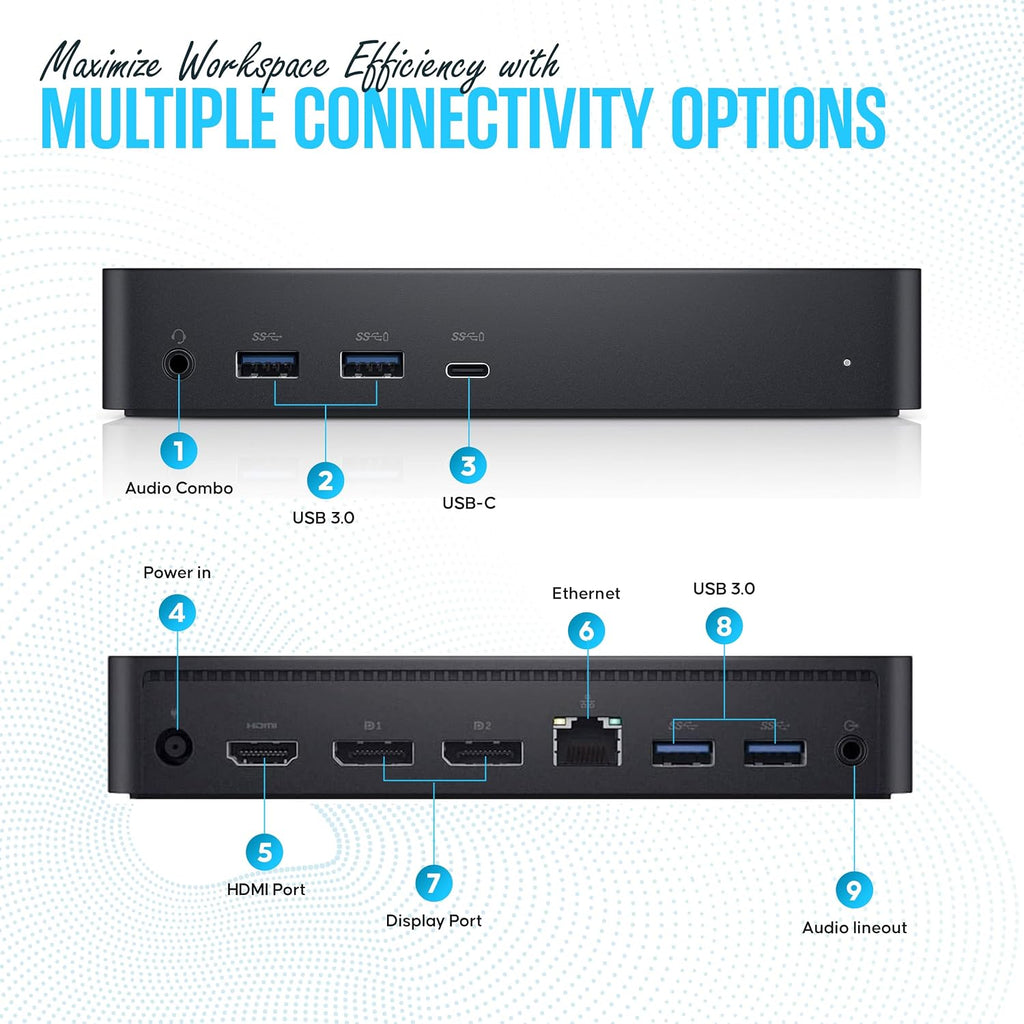 Estación de acoplamiento D6000 Dell para doble monitor con USB 3.0 y USB C - Muelle universal con 130W y cable HDMI (Reacondicionado)
