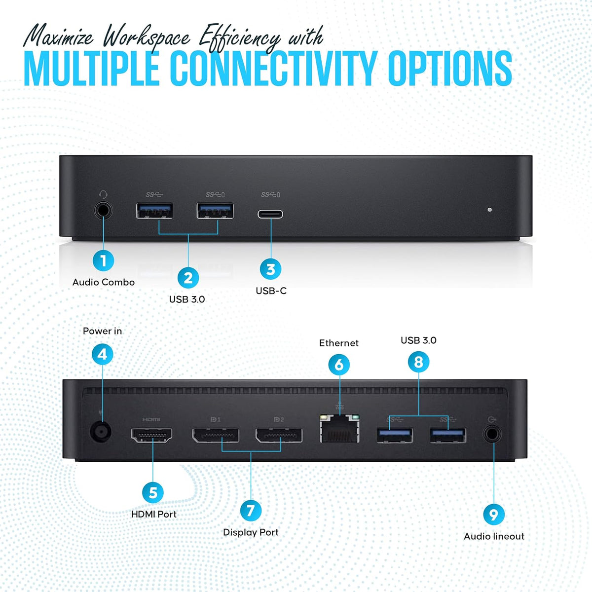 Estación de acoplamiento D6000 Dell para doble monitor con USB 3.0 y USB C - Muelle universal con 130W y cable HDMI (Reacondicionado)