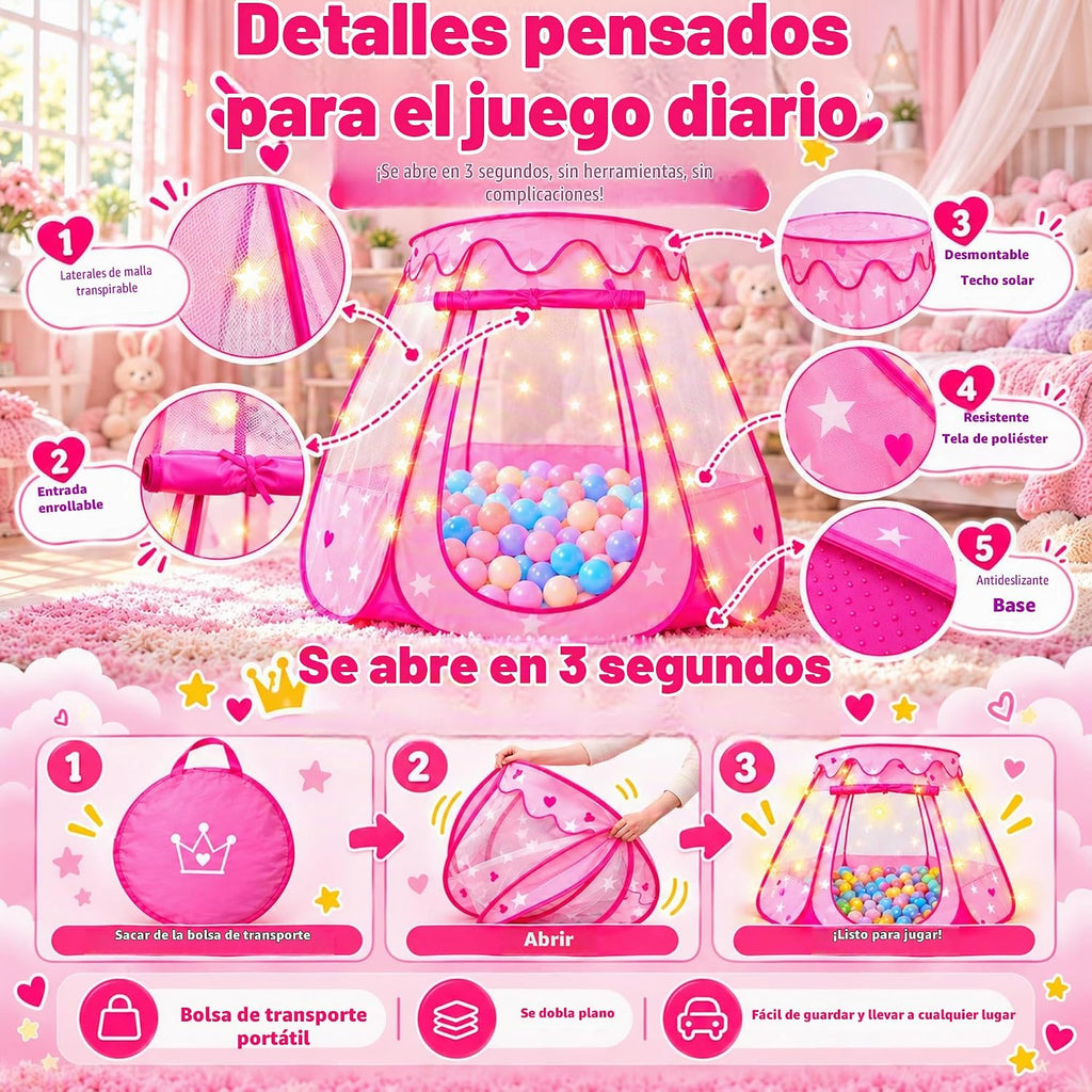 Princess Castle - Tienda de campaña para niñas con alfombra, tienda de campaña desplegable para niños