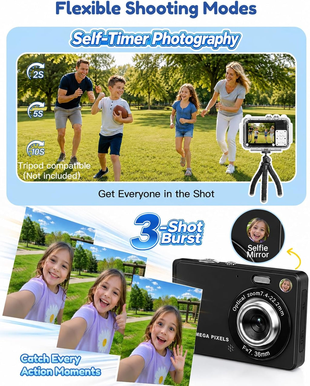 Cámara digital de 50 MP, cámara de vlogging 4K con funda impermeable IP68, zoom 16X, cámara de enfoque automático de 32 filtros para niños, para viajes, niños y adolescentes