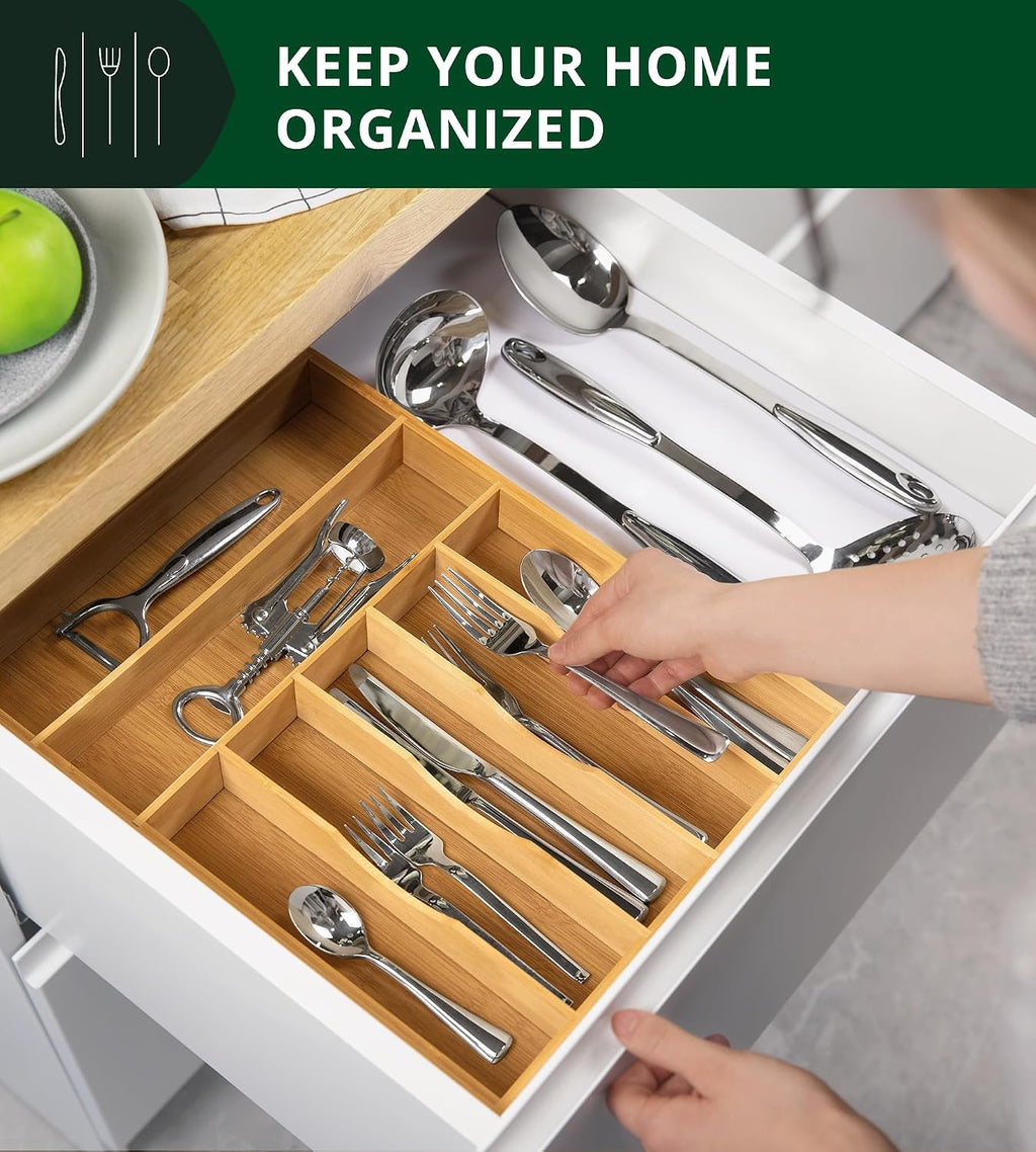 ROYAL CRAFT WOOD Estante de Utensilios de Bambú de Lujo y Organizador de Cubiertos, Organizador de Cajón de Cocina - Soporte de Utensilios y Bandeja de Cubiertos con Divisores de Cajón Ranurados para